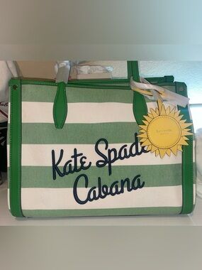 NWT Kate Spade Green & White Striped Cabana Tote with Sunflower Charm